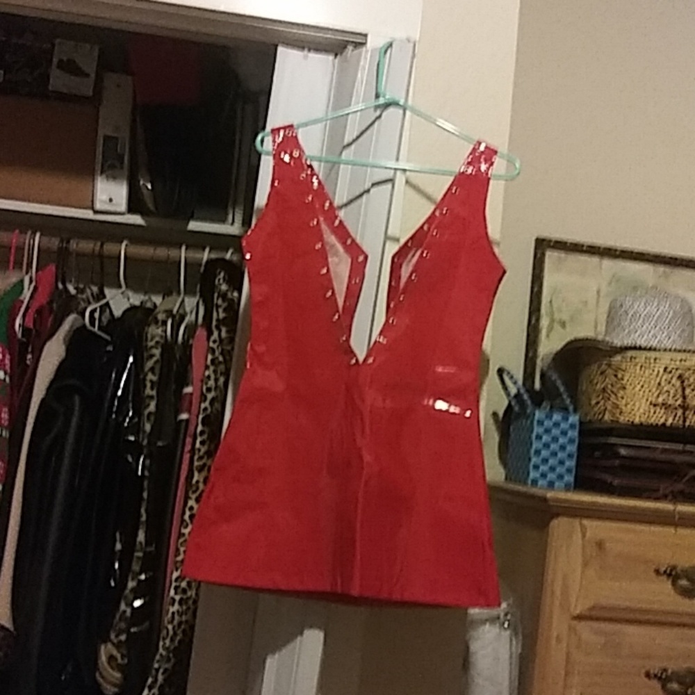 Red wet look dress.